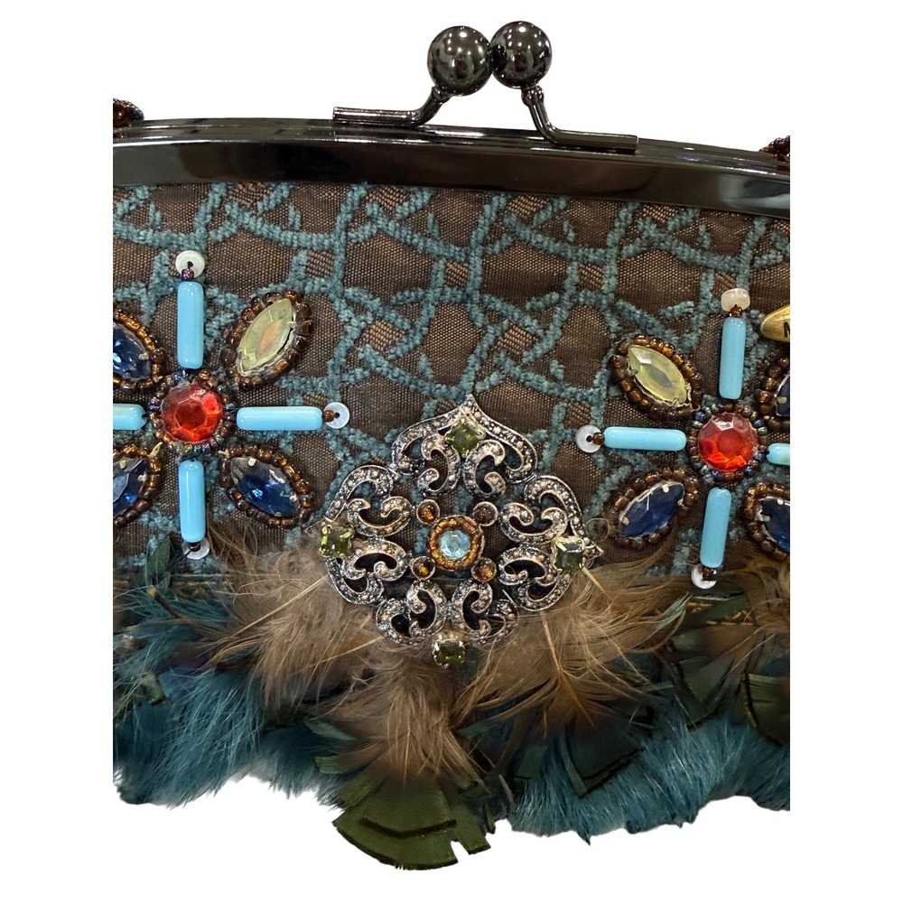 Mary Frances Beaded Feather Fur Evening Clutch Handbag Blue Brown Jeweled Purse - Picture 5 of 16